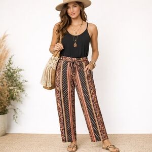 Ashley Blue Bohemian Wide Leg Pants - Black and Coral Lightweight Size Large